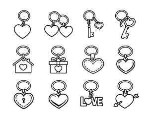 Romantic love theme keychain line icons set