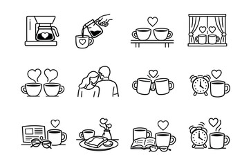 Coffee and love line art illustrations set