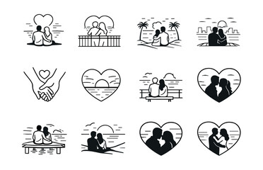 Romantic black and white couple illustrations set