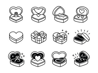 Gift boxes and jewelry boxes line art illustrations set