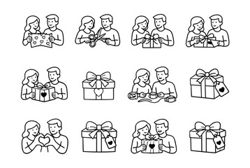 Gift-giving couple line drawings