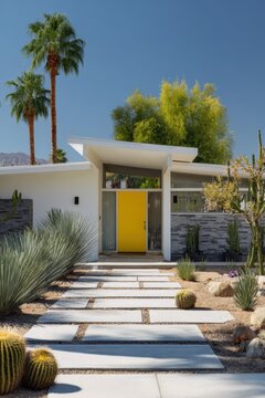 A contemporary house showcases a vibrant yellow door that beautifully contrasts with the surrounding desert plants, all basking in a sun-drenched setting