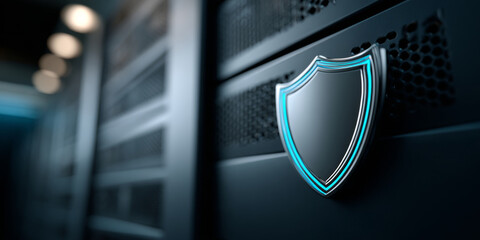 Close-up of a glowing shield emblem on a dark server rack representing cybersecurity and data protection in a modern data center environment