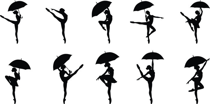 Silhouette ballerina dancing with umbrella, graceful ballet poses and elegant movement, female dancer figures performing artistic rain inspired dance isolated on white background