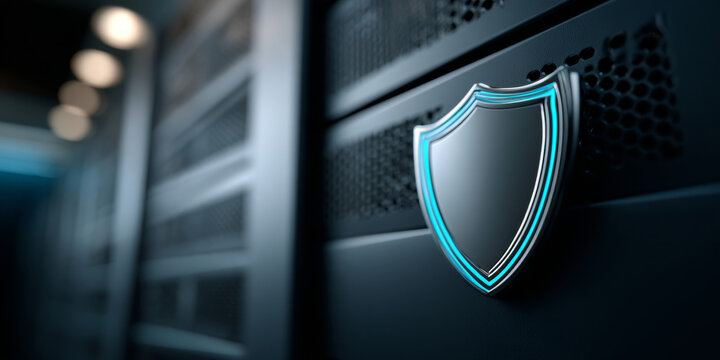 Close-up of a glowing shield emblem on a dark server rack representing cybersecurity and data protection in a modern data center environment - Powered by Adobe