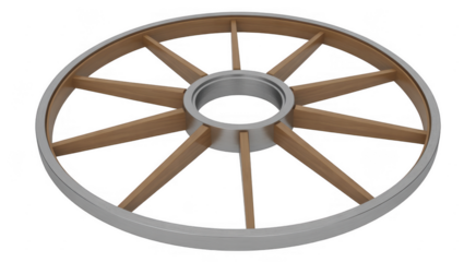 Wooden wheel with metal rim wagon wheel isolated on a transparent background