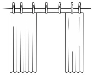 Simple line art illustration of curtains and clothespins hanging on a line
