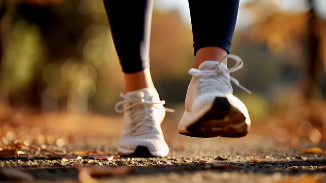 A closeup of a persons legs and feet in athletic shoes, captured midstep on a paved path amidst a forested area. The person is wearing black leggings and white sneakers.