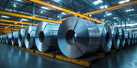 Aluminum wire coils stored in an industrial warehouse Generative AI