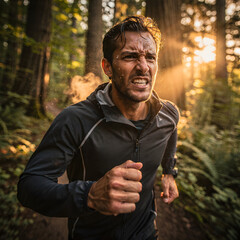 man is running in the forest