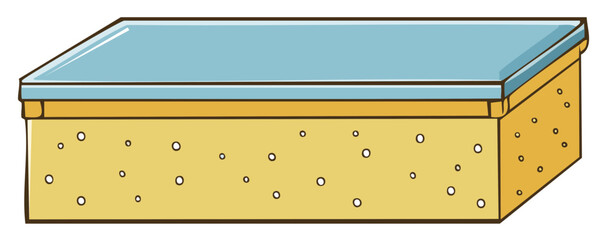 Flat rectangular sponge with a blue top and air bubbles on yellow porous surface
