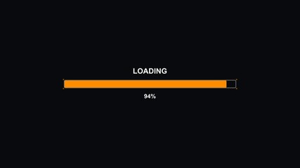 Showing loading progress bar animation that displays reaching 100 percent completion on a black background with orange color
