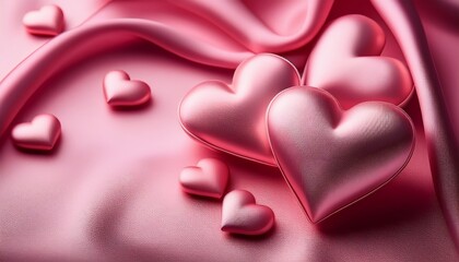 Fototapeta premium Romantic Pink Valentiners Background With Soft Satin Hearts Creating A Warm And Loving Atmosphere