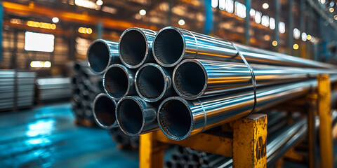 Stainless steel pipes stacked in industrial warehouse Generative AI
