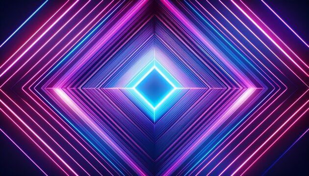 abstract geometric background with glowing neon rhombus shapes in vibrant purple pink and blue hues creating a futuristic tunnel effect