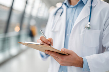A doctor is writing on a clipboard in a hospital