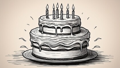 hand drawn sketch of a layered birthday cake with flowing icing and lit candles