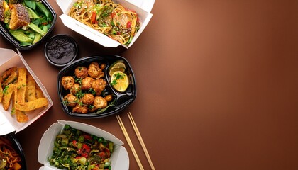 overhead view of various takeout containers filled with diverse food dishes