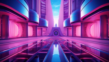 symmetrical abstract architectural pattern with vibrant pink and deep blue hues creating a futuristic and modern urban backdrop