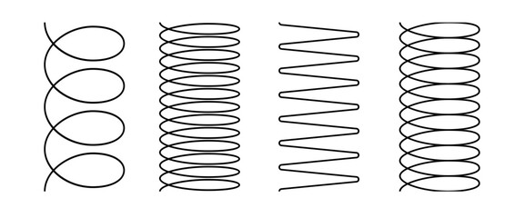 Obraz premium Spiral spring set. Metal wire coil spring icon collection. Thin zigzag waves line symbol. Flexible coil shapes. Loop line pattern. Vector illustration isolated on white background. 