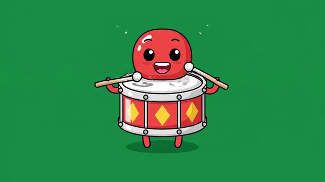 Adorable Red Cartoon Character Happily Playing a Drum Animation.
