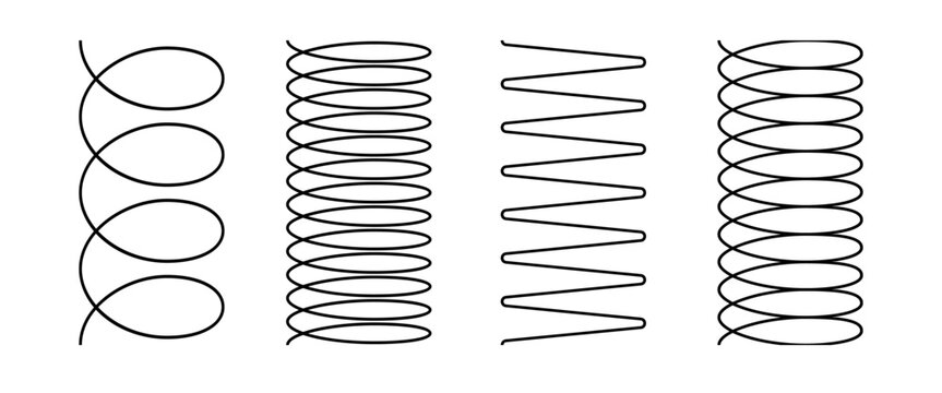 Spiral spring set. Metal wire coil spring icon collection. Thin zigzag waves line symbol. Flexible coil shapes. Loop line pattern. Vector illustration isolated on white background. 
