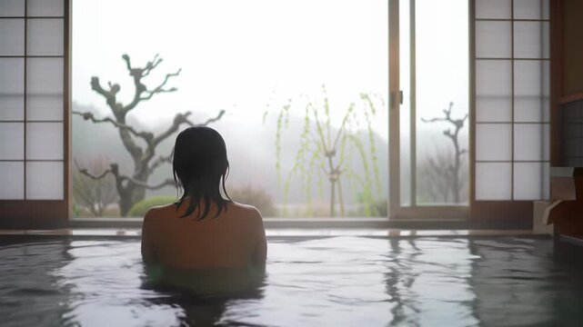 A lone person, immersed in a steaming traditional japanese onsen bath with jade green water and volumetric steam, revealed through a shoji screen to a serene landscape. Concept of deep tranquility
