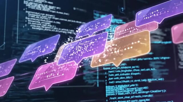 Digital discourse visualized through floating speech bubbles against a futuristic coding backdrop. Emphasizing communication, technology, and information exchange.
