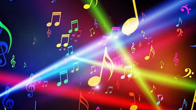 Dynamic Colorful Musical Notes and Symbols with Vibrant Light Rays on Dark Background