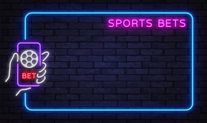 Modern neon sports bets frame with smartphone and football icon. Great for betting apps, sport promotions, or online platforms.