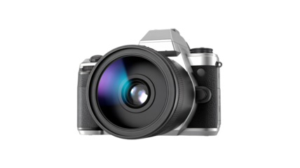 Digital Camera with Lens in Studio Shot with Cool Lighting on Isolated White Background for Product Photography