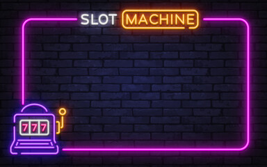 Colorful neon slot machine frame with lucky symbols on dark wall. Ideal for casino games, bonus screens, or jackpot banners.