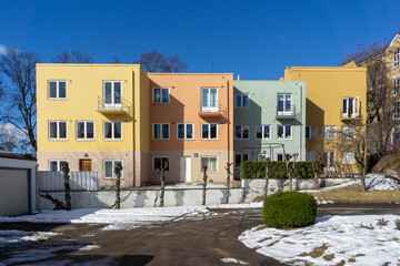 Colorful Functionalist Residential Buildings in Oslo Norway in Winter - Pastel Facades