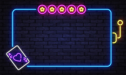 Bright neon poker frame with five star rating and casino symbols. Perfect for gambling banners, UI panels, or online casino promotions.
