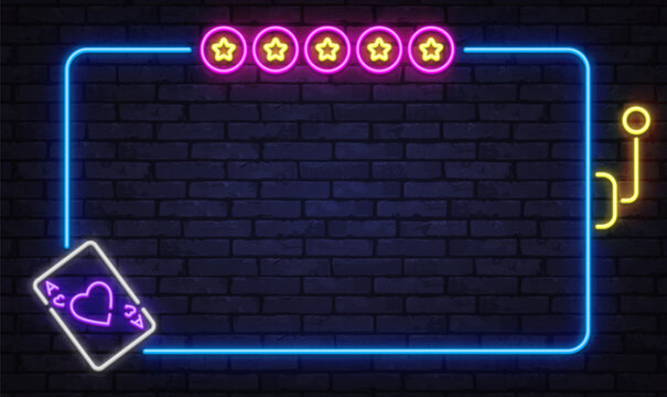 Bright neon poker frame with five star rating and casino symbols. Perfect for gambling banners, UI panels, or online casino promotions.