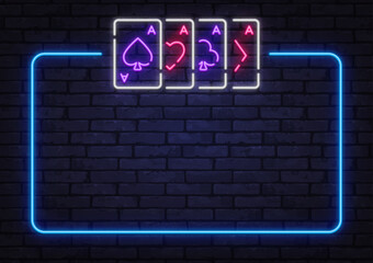 Neon frame with four aces in bright colors on brick wall. Great for poker tournaments, casino visuals, or gambling layouts.