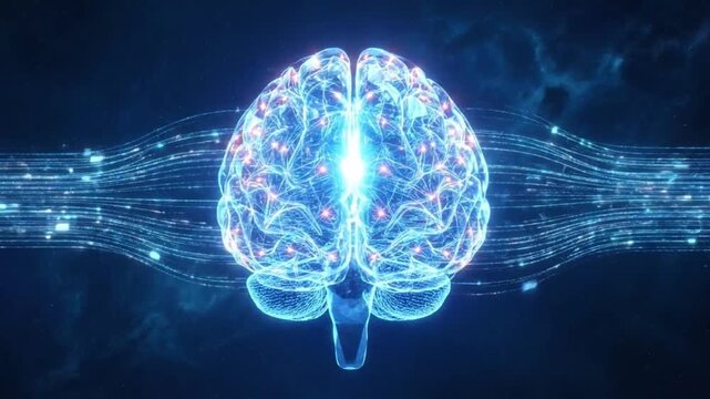 Illuminated brain concept: A radiant digital illustration of a human brain, its intricate network of neurons glowing brightly against a dark background. Explore the fascinating realm of thought.