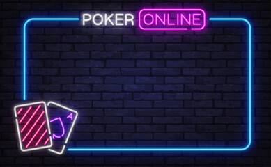 Glowing neon poker online frame with playing cards on dark brick background. Ideal for casino websites, streaming overlays, or game screens.