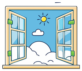 Cartoon Open Window Overlooking Clouds and Sky with Sunshine Icon