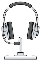 Modern gray and black headset with microphone on a white stand