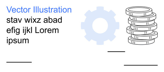 Business strategy, finance, economy, process management, monetary policy, data organization. Gear icon beside stacked coins and placeholder text. Finance and business strategy concept