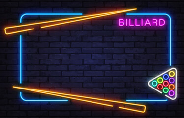 Stylish neon billiard frame with cues and colorful balls. Ideal for pool clubs, game rooms, or sports bar visuals.