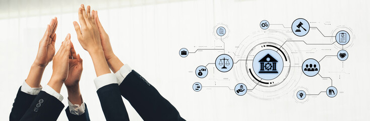 Diverse professionals join hands in celebration, surrounded by legal and financial icons, symbolizing teamwork, success, and innovation in a modern business setting. Trope