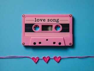 Obraz premium Pink cassette tape playing love song with hearts