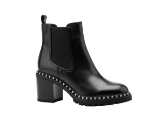 a single, stylish women's chelsea ankle boot, black polished leather, chunky block heel, silver stud details, isolated on a transparent background with copy space. concept for premium fashion