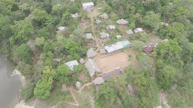 Aerial drone view of Embera Drua indigenous village located along the Chagres River in Colon, Panama. This cinematic scene showcases traditional huts, river landscape, and surrounding tropical rainfor