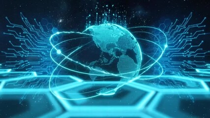 Global communication network in futuristic technology, symbolizing connectivity, information, and advanced technology. The globe floats center stage, encircled by orbiting paths. - Powered by Adobe