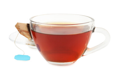 Cup of aromatic tea and tea bag isolated on white