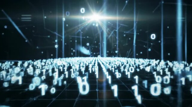 Immersive, futuristic digital art video of vibrant blue/white binary code (zeros/ones) cascading in dark void with anamorphic lens flare. High-tech data stream concept