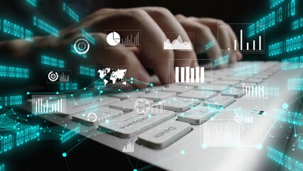 A close-up view of hands typing on a keyboard surrounded by digital graphs and data visualizations, illustrating the concept of modern technology and communication in the digital age. Xenic